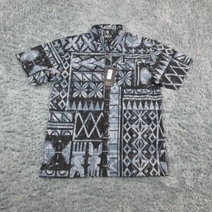 Tanoa Shirt Mens Small Black Gray Hawaiian Aloha Cotton Button Front Tribal NWT